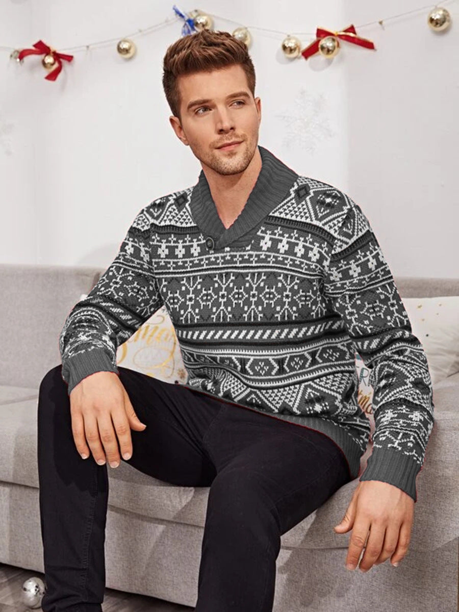 Christmas Elk Lapel Strikket Sweater Herre