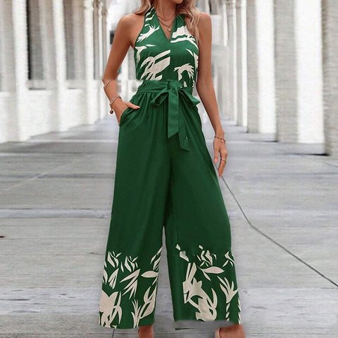 Printing Series Belt Halter Backless Jumpsuit For Women