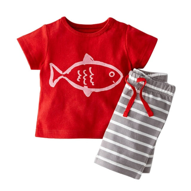 2 stk Baby Boy Tøj Sæt Sommer tegneserie trykt T-shirt Stripe Shorts Baby Boy Tøj