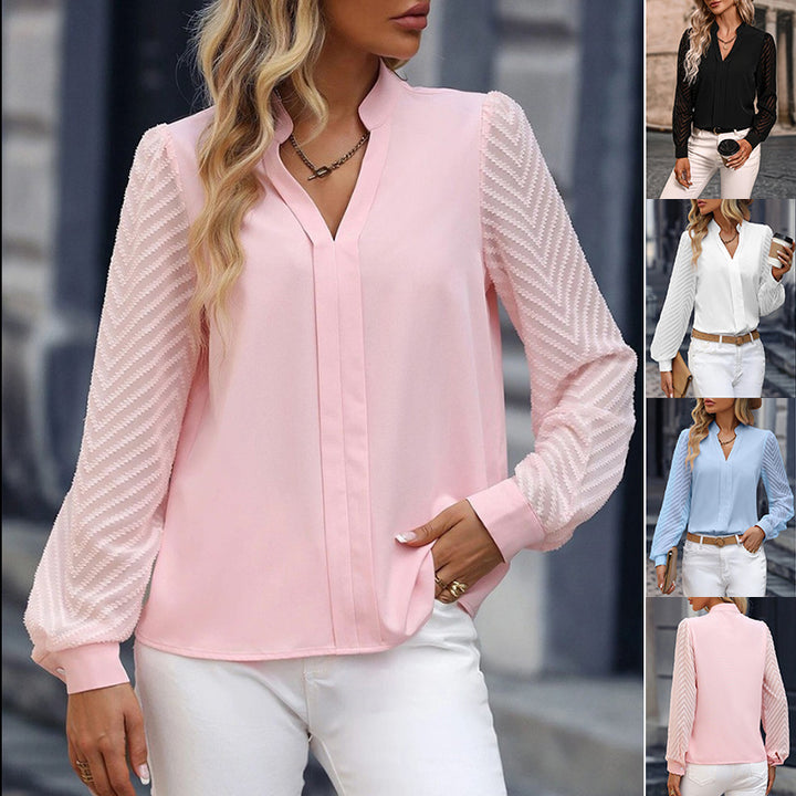 V-hals chiffon shirt met lange mouwen, kanten stiksels, effen kleur tops, dameskleding