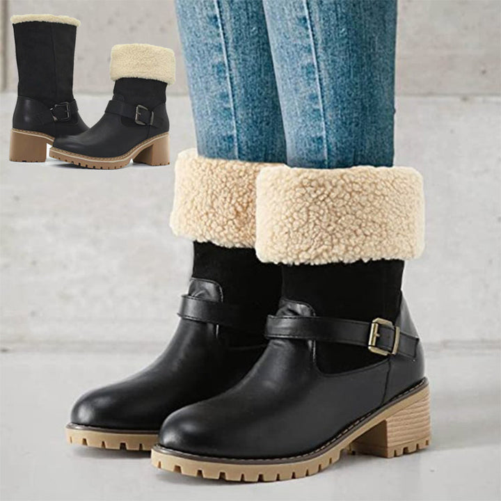 Fashion Boots With Buckle Chunky Heel Shoes Warm Winter Round Toe Western Boots For Women