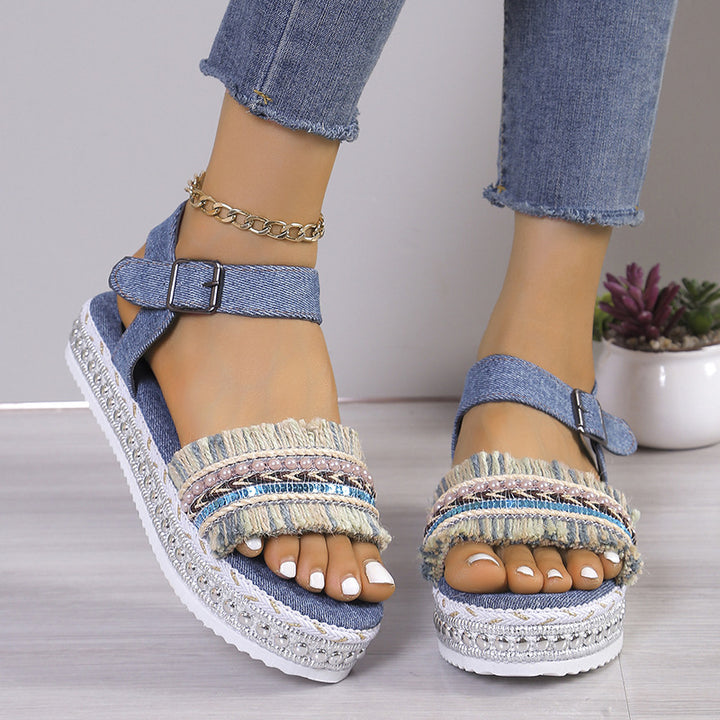 Mode kwastje denim sandalen met dikke zolen platte hak nieuwe zomer henneptouw zool etnische stijl schoenen voor dames