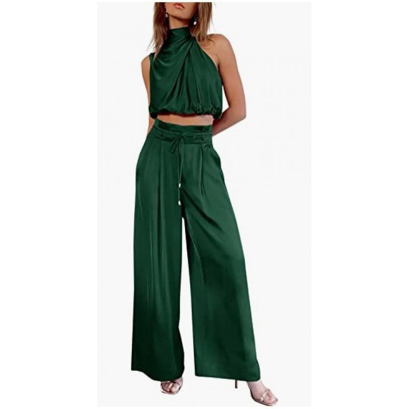 2pc Casual Sleeveless Midriff-baring Top And Wide Leg Pants Set