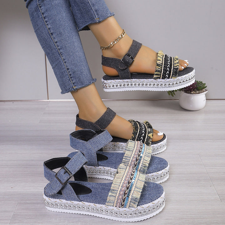 Mode kwastje denim sandalen met dikke zolen platte hak nieuwe zomer henneptouw zool etnische stijl schoenen voor dames