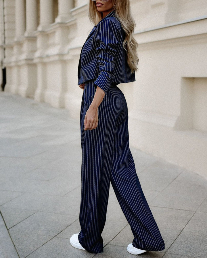 Costume rayé à la mode, haut court à manches longues et pantalon droit, tenue décontractée, vêtements pour femmes