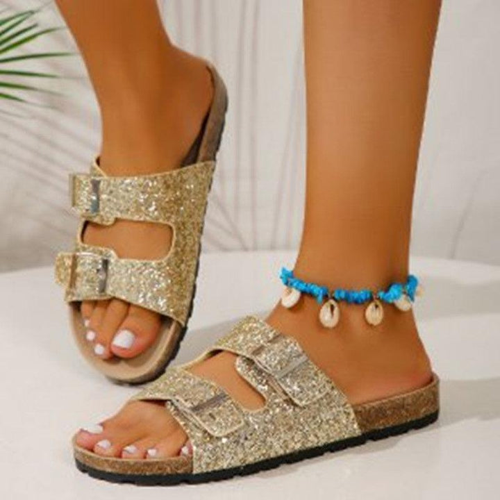 Sandalen met dubbele gesp voor dames Nieuwe mode strandschoenen met lovertjes Zomervrije tijd Outdoor Slippers Slides