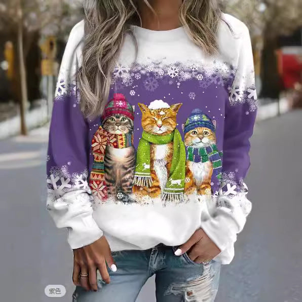 Women's Christmas New Snowman And Cat Printed Long Sleeve Casual Loose-fitting T-shirt