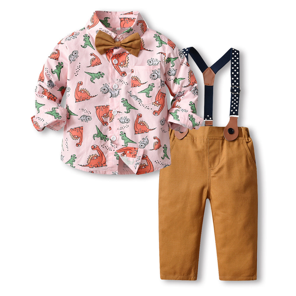 Cardigan à manches longues avec nœud papillon et pantalon à bretelles, ensemble deux pièces pour enfants