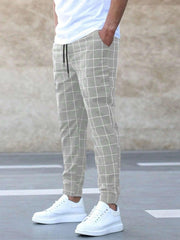 Fashion Plaid Print Pants Men's Casual Drawstring Trousers