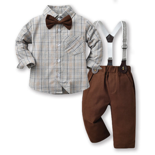 Children's Long-sleeved Bow Tie Cardigan Suspender Trousers Two-piece Set