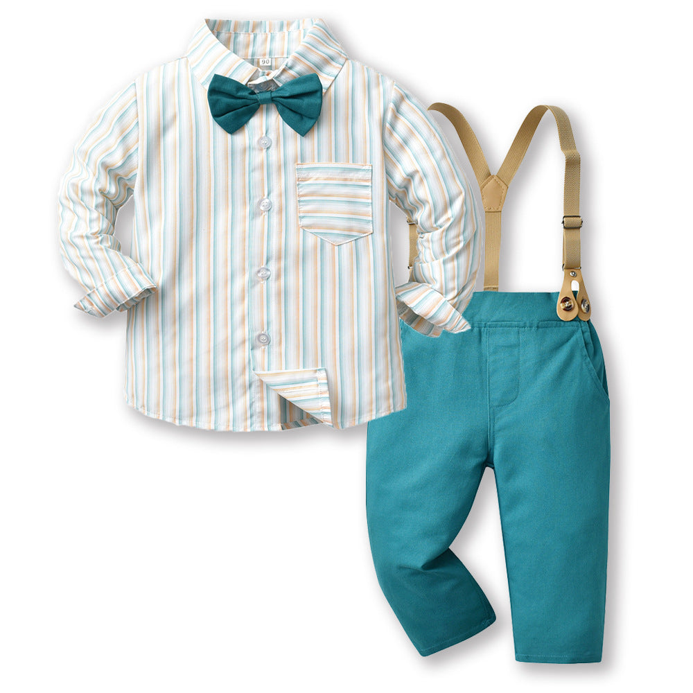 Cardigan à manches longues avec nœud papillon et pantalon à bretelles, ensemble deux pièces pour enfants