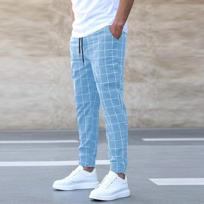 Fashion Plaid Print Pants Men's Casual Drawstring Trousers