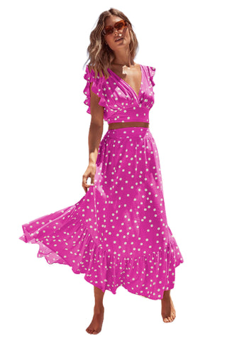 Women's Bohemian V-collar Polka Dot Printed Skirt Suit