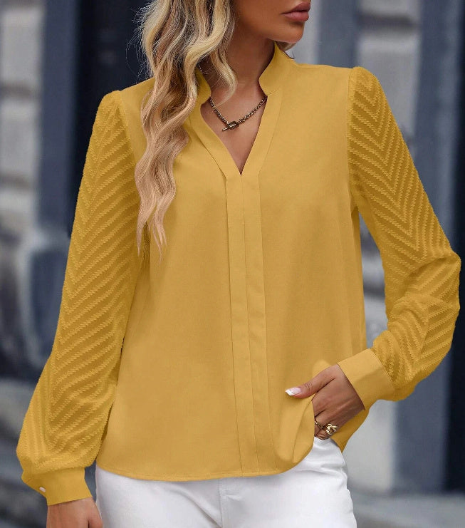 V-hals chiffon shirt met lange mouwen, kanten stiksels, effen kleur tops, dameskleding