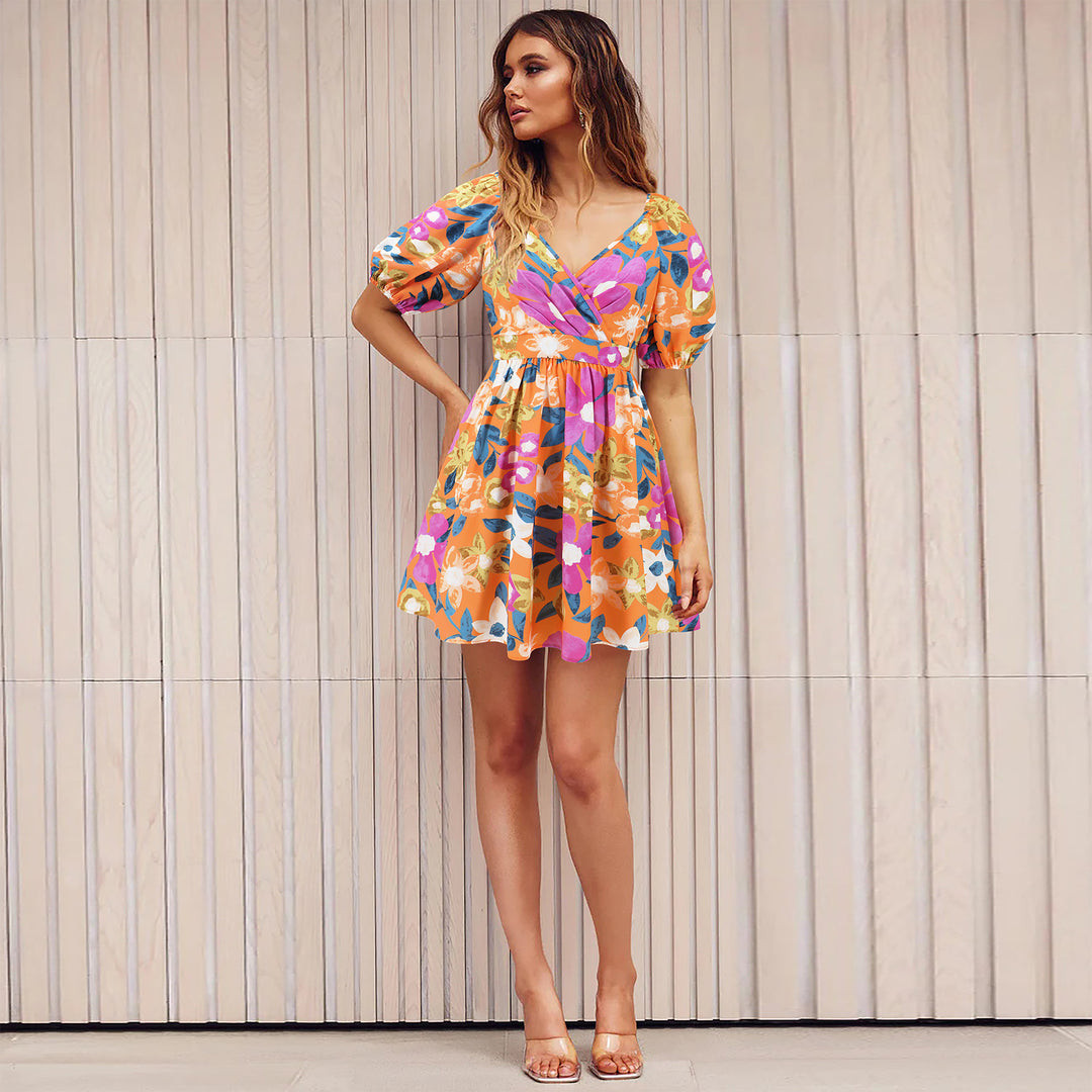 Flowers Print V-Neck Lantern-sleeve Dress