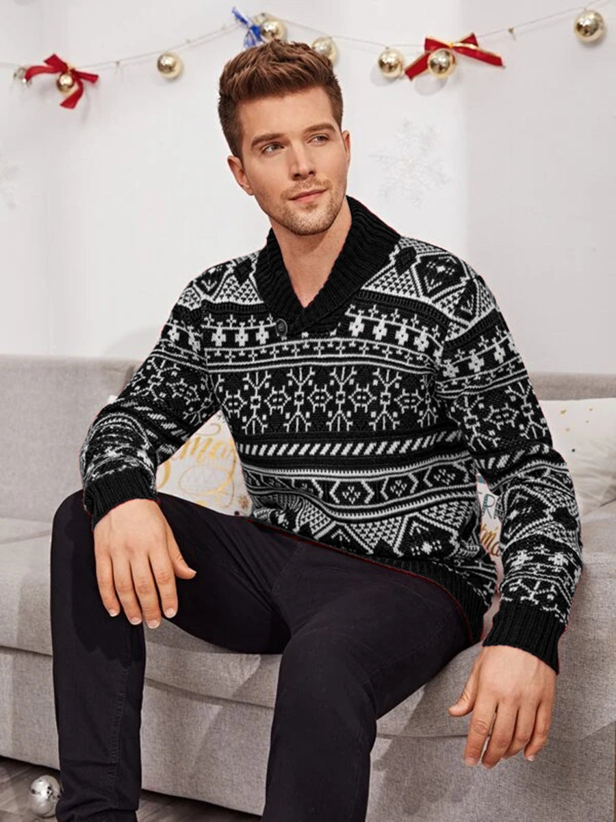 Christmas Elk Lapel Strikket Sweater Herre