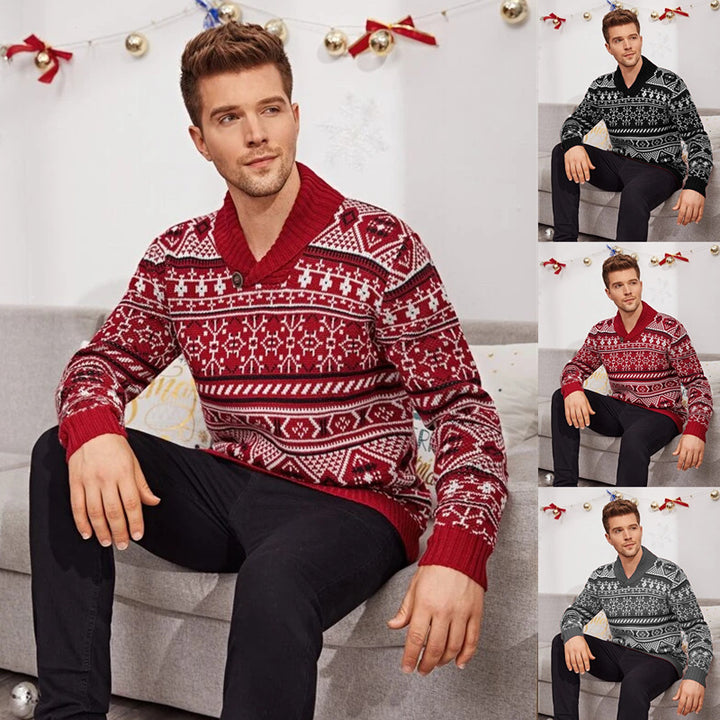 Christmas Elk Lapel Strikket Sweater Herre