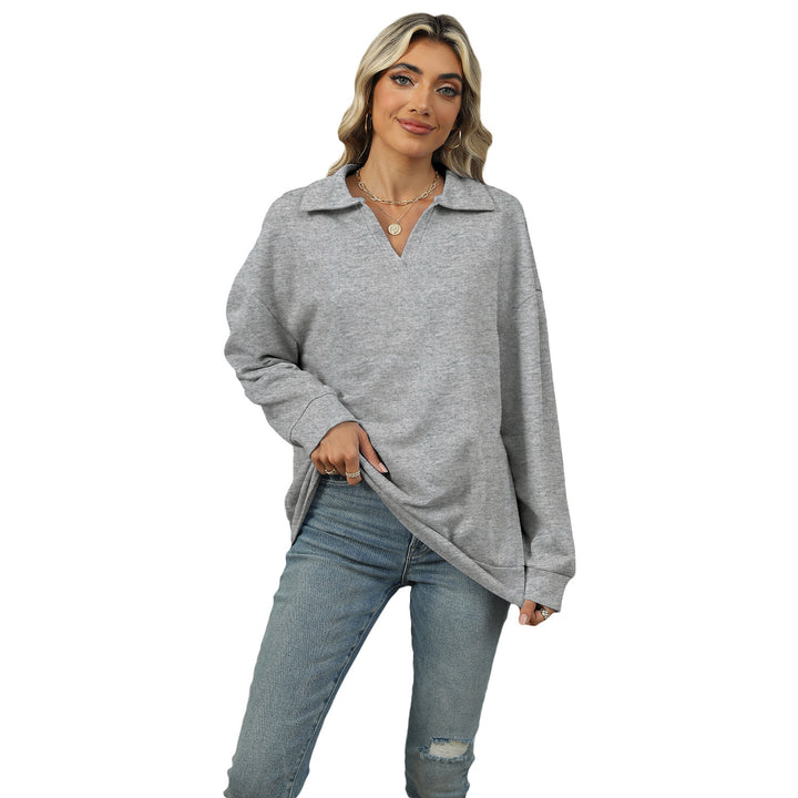 Nieuw sweatshirt met revers V-hals Mode Casual losse effen kleur Pullover top met lange mouwen voor dameskleding