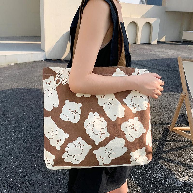 Cute Bear Printed Canvas Bag Women All-match Shoulder Bags Student Large Capacity Daily Handbags