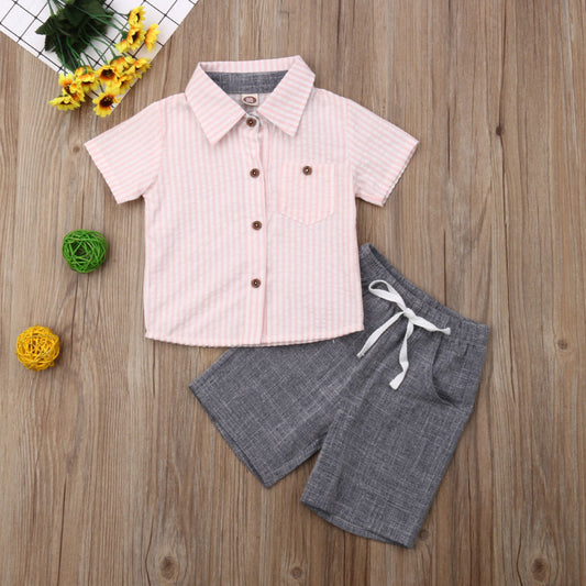 New Boys Short Sleeve Casual Lapel Striped Shirt Shorts Set