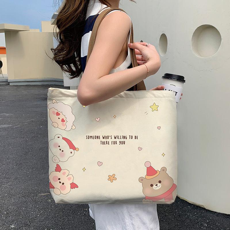 Cute Bear Printed Canvas Bag Women All-match Shoulder Bags Student Large Capacity Daily Handbags