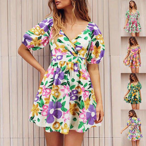 Flowers Print V-Neck Lantern-sleeve Dress