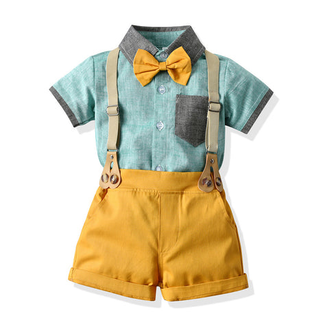 Set Of Fashion Lapel Stitching Short Sleeve Shirt For Children And Boys