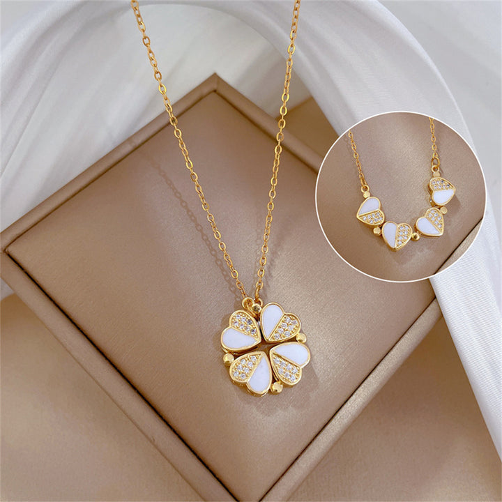 Luxury Four Leaf Clover Pendant Necklace Stainless Steel Crystal Heart Jewelry