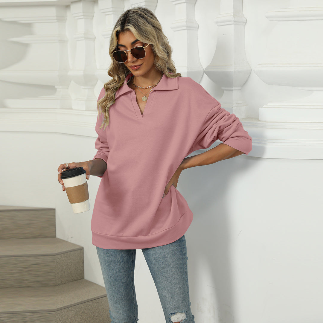 Nieuw sweatshirt met revers V-hals Mode Casual losse effen kleur Pullover top met lange mouwen voor dameskleding