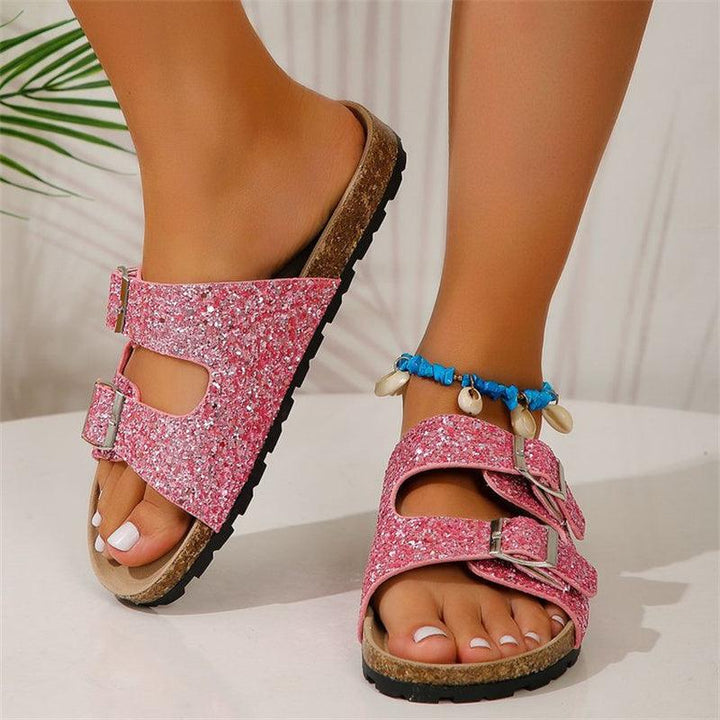 Sandalen met dubbele gesp voor dames Nieuwe mode strandschoenen met lovertjes Zomervrije tijd Outdoor Slippers Slides