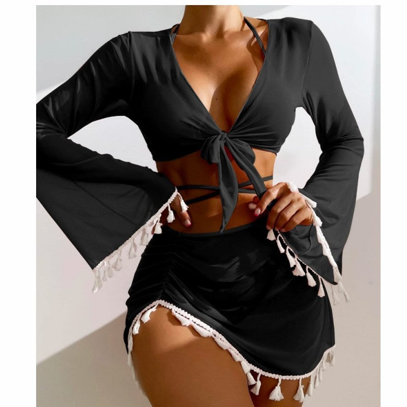 4pcs Solid Color Bikini With Short Skirt And Long Sleeve Cover-up