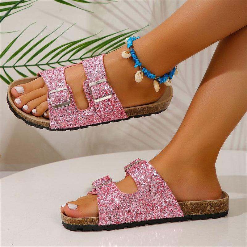 Sandalen met dubbele gesp voor dames Nieuwe mode strandschoenen met lovertjes Zomervrije tijd Outdoor Slippers Slides