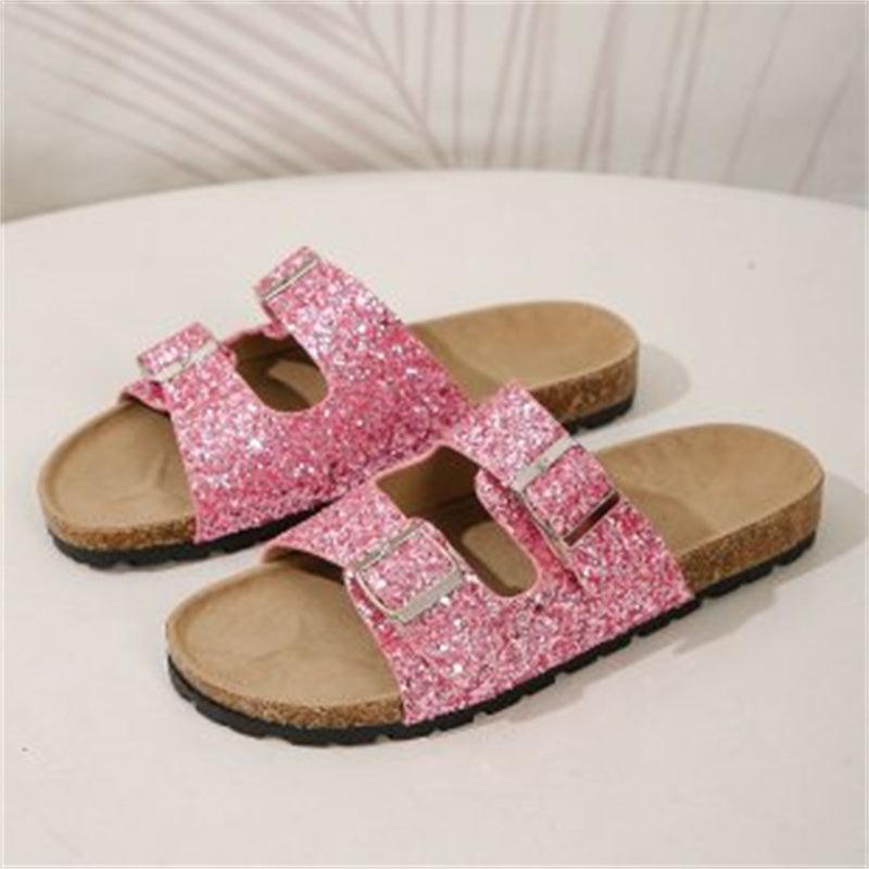 Sandalen met dubbele gesp voor dames Nieuwe mode strandschoenen met lovertjes Zomervrije tijd Outdoor Slippers Slides