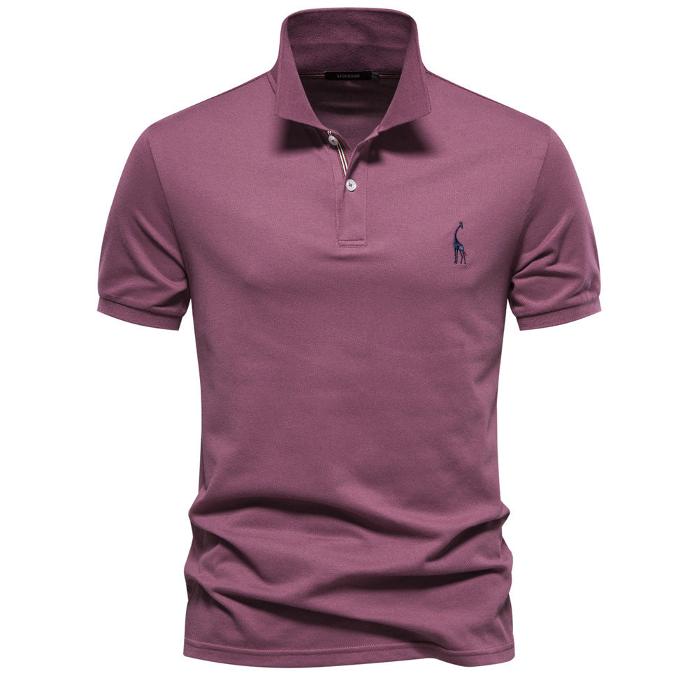 Deer Embroidered Men's T-shirt Solid Color Polo Collar Basic Style Short-sleeved Shirt Men