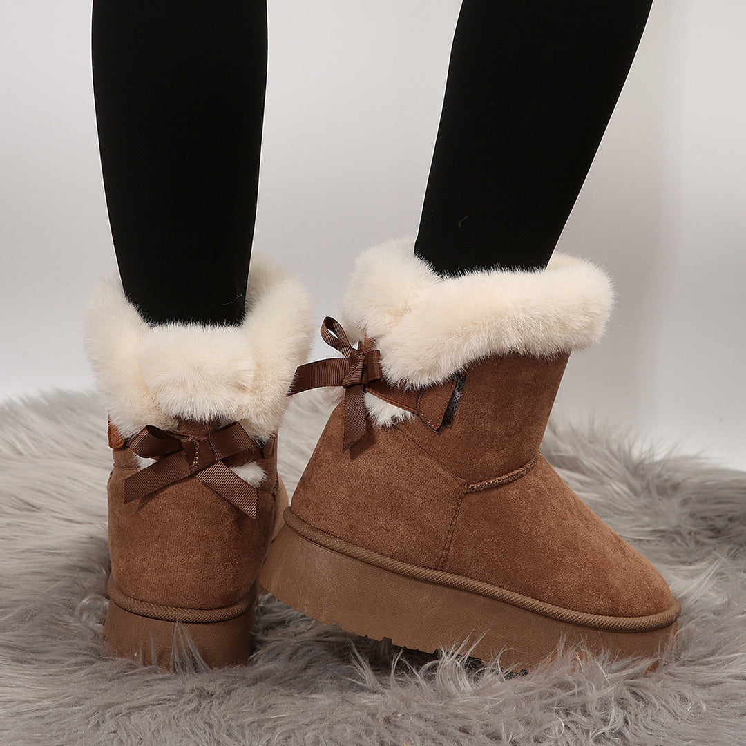 New Bow-knot Snow Boots Winter Plus Velvet Warm Thick-soled Ankle Boots For Women Simple Daily Leisure Cotton Shoes