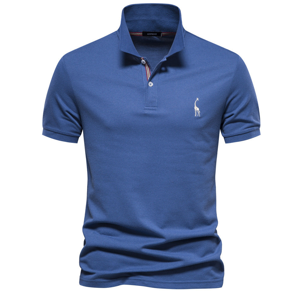 Deer Embroidered Men's T-shirt Solid Color Polo Collar Basic Style Short-sleeved Shirt Men