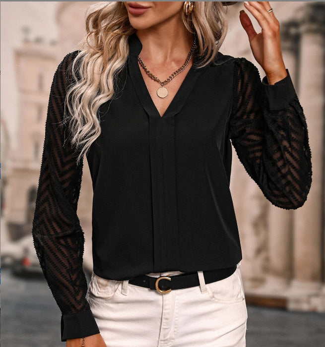 V-hals chiffon shirt met lange mouwen, kanten stiksels, effen kleur tops, dameskleding