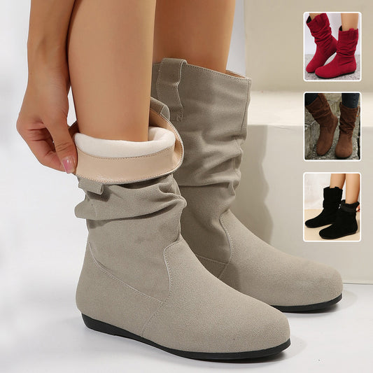 Round Toe Flat Boots Fashion Solid Color Suede Mid-calf Boot Winter Warm Shoes For Women