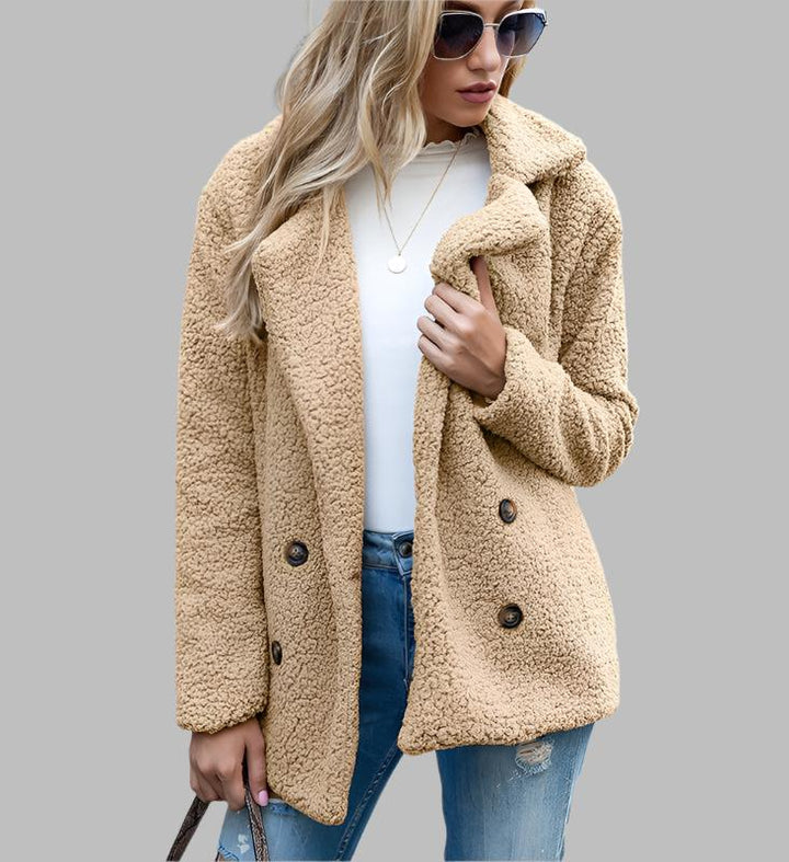 Manteau moelleux à revers ample, veste d'hiver à boutons