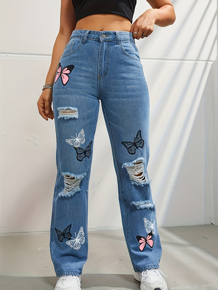 Højtaljede jeans med lige ben til kvinder Trendy sommerfugleprint Rippede distressed denimbukser