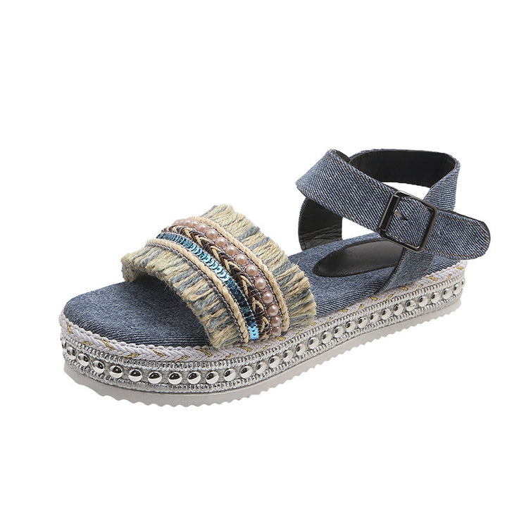 Mode kwastje denim sandalen met dikke zolen platte hak nieuwe zomer henneptouw zool etnische stijl schoenen voor dames