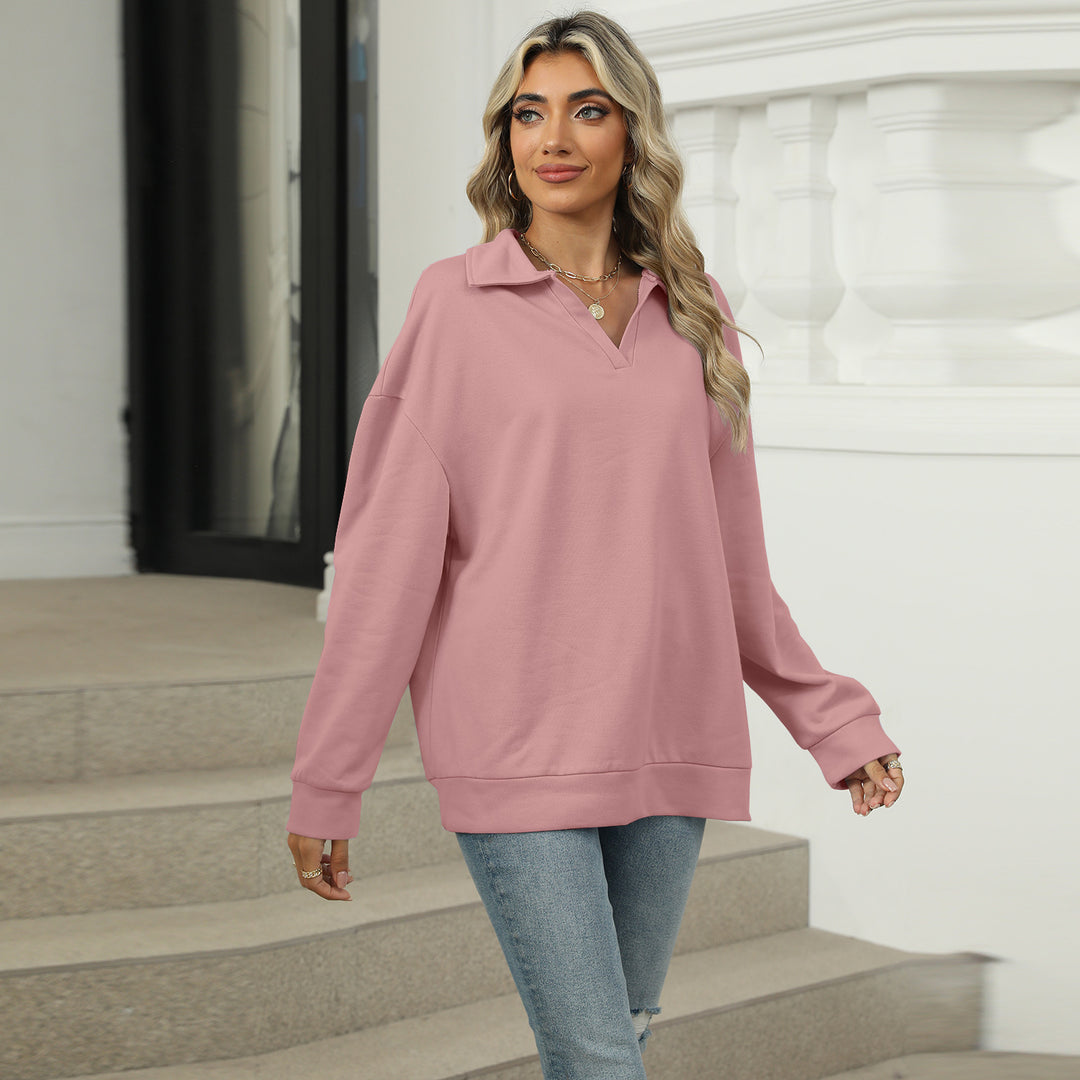 Nieuw sweatshirt met revers V-hals Mode Casual losse effen kleur Pullover top met lange mouwen voor dameskleding