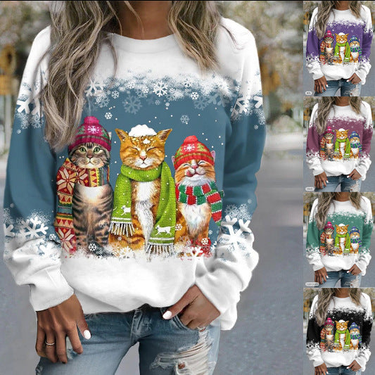 Women's Christmas New Snowman And Cat Printed Long Sleeve Casual Loose-fitting T-shirt