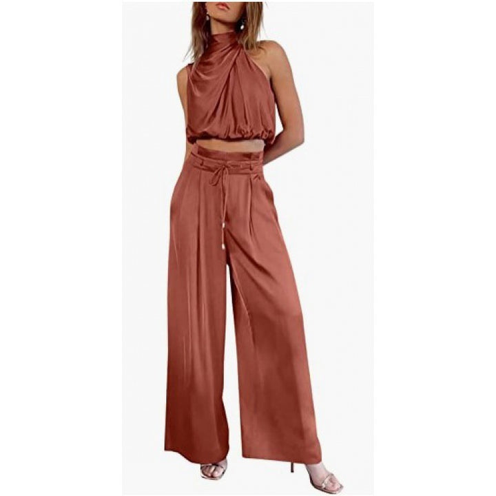 2pc Casual Sleeveless Midriff-baring Top And Wide Leg Pants Set