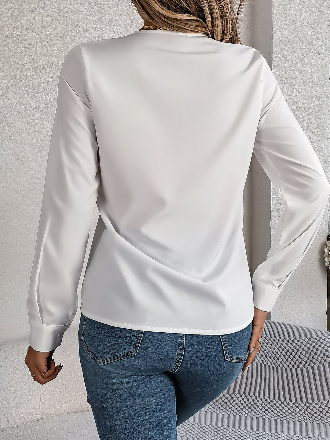 Fashion V-hals langærmet skjorte Elegant pendler solid bluse kontor dametøj