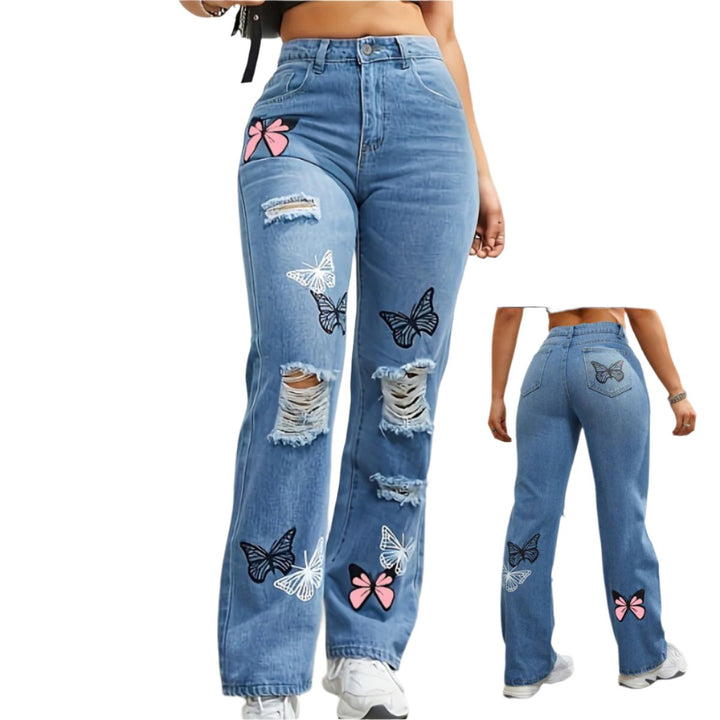 Højtaljede jeans med lige ben til kvinder Trendy sommerfugleprint Rippede distressed denimbukser