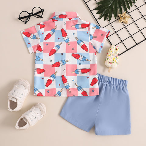 Boys Cute Fashion Gentleman Style Printed Shirt Shorts Suit