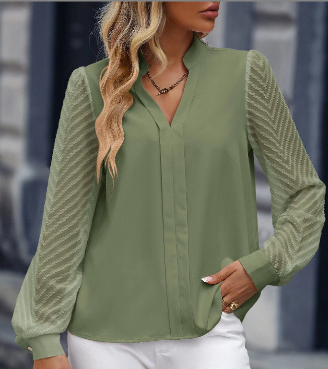 V-hals chiffon shirt met lange mouwen, kanten stiksels, effen kleur tops, dameskleding