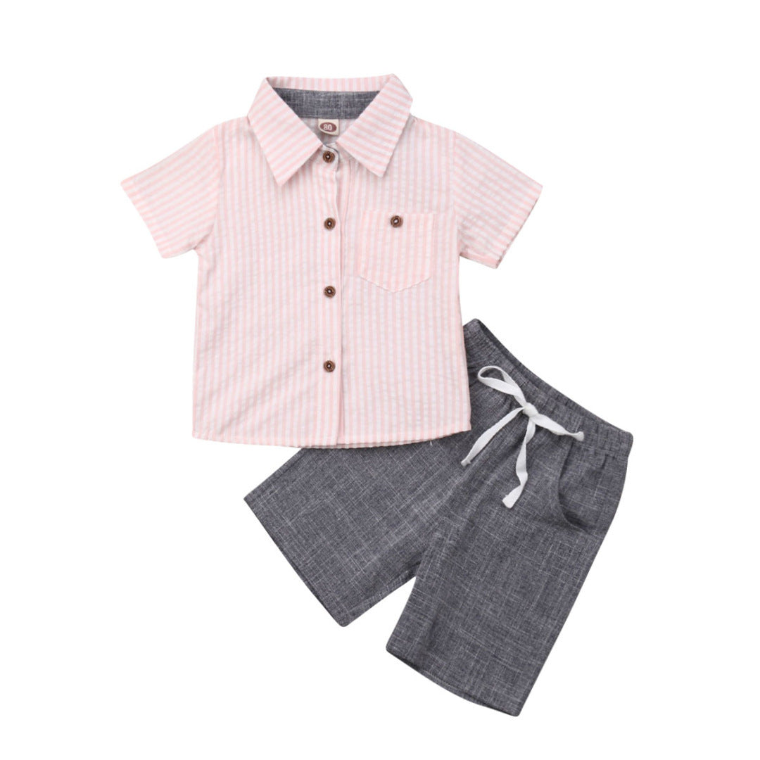 New Boys Short Sleeve Casual Lapel Striped Shirt Shorts Set