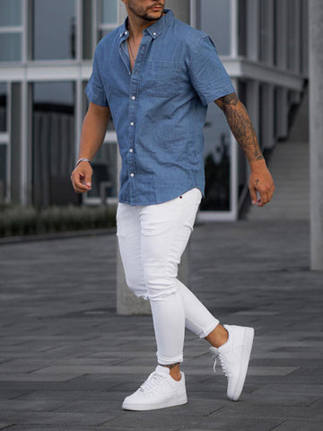 Men's Solid Color Faux Denim Shirt Short Sleeve T-Shirt Casual Loose T-Shirt